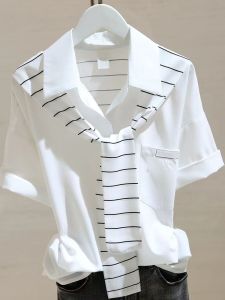 เสื้อเชิ้ตแขนสั้นผู้หญิงฤดูร้อนปี 2025 สไตล์ใหม่ ลายทาง หลวม ลำลอง เสื้อผ้าทำงาน แขนกุด คอปกสูท ทรงตรง