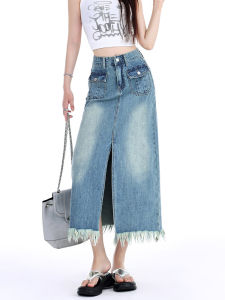 กระโปรงยีนส์ทรงเอเอวสูงสไตล์ย้อนยุคสำหรับผู้หญิง กระโปรงทรงเอยาวปานกลาง กระโปรงสั้นสีพื้นแบบลำลองสำหรับฤดูร้อน