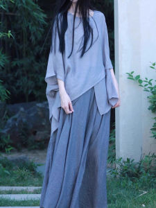Ankle-Length Cotton Linen Blouse with Three-Quarter Sleeves for Women Unique Chinese Style T-Shirt Set Including Long Skirt