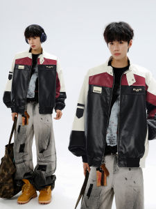 แจ็คเก็ตหนัง PU ทรงหลวมสำหรับผู้ชาย เอฟเฟกต์เมลาเดอร์ สไตล์เกาหลี แจ็คเก็ตมอเตอร์ไซค์ กันลม ทรงปกติ แขนยาว ปกติ