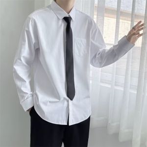 LEMON white long-sleeved shirt mens Japanese trendy brand fried street trend loose solid color inch shirt free tie couples dk uniform