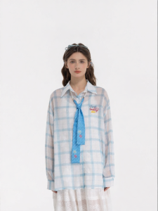 Detachable Collar Plaid Loose Lightweight Ladies Blouse