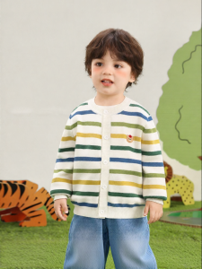 CUTEPANDAS | Áo Cardigan Knit Sọc có Thêu Gấu