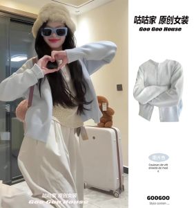 Áo Len Dệt Kim Mềm Mại Màu Xanh Lam Cho Nữ Dáng Rộng Ngắn Đa Năng Cỡ Nhỏ Áo Khoác Cardigan Hở Cổ Tròn Dài Tay Thường