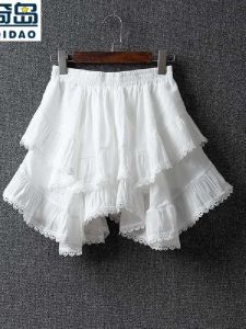 Váy Ngắn Ren Trắng Hồng Bằng Vải Lanh Cotton Cạp Cao Cho Nữ Mùa Hè Váy Ngắn Xếp Ly Bằng Vải Lanh Pha Trộn Họa Tiết Hoa