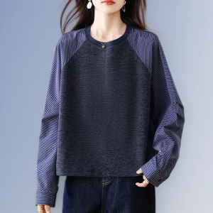 September Ink Road Color Block Long Sleeve T-Shirt Autumn New Style Versatile Design High Waist Loose Fit Polyester Fiber
