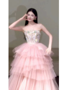 ชุดราตรีเจ้าหญิงสีชมพู เดรสยาว แขนกุด กระโปรงทรงเอ สำหรับงานเลี้ยงวันเกิด งานแต่งงาน งานปาร์ตี้ งานศิลปะ