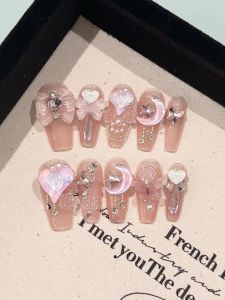 Pink Heart Moon Diamond False Nails Handmade Removable Nail Art White Enhancing Fairy Atmosphere Pure Desirable Transparent