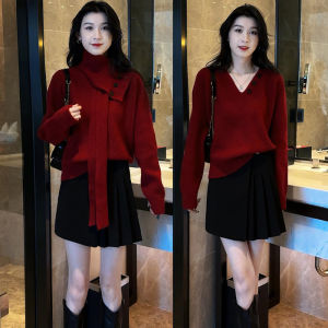 เสื้อสเวตเตอร์ถักแบบถอดได้สำหรับผู้หญิง ทรงหลวม แขนยาว ปกติ คอวี ปกติ ฤดูใบไม้ผลิ 2025 เสื้อชั้นในลายสก็อตสีพื้น