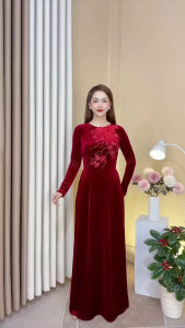Áo Dài Chất Liệu Nhung The Cao Cấp - Hàng May + Đính Hoa Thủ Công Tỉ Mỉ Từng Áo - Mã Đỏ Đô Cổ Tròn Đính Hoa