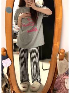 Ice Silk Thin Wide Leg Casual Pants for Women Summer Home Sleepwear Outerwear Small Size High Waist Long Pants Korean Style