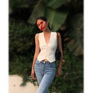 Black V-Neck Knitted Vest Women Summer Shoulder Strap Top Outerwear Sleeveless Layered Short Style Suit Jacket Fashionable