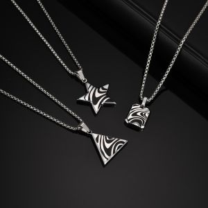 Kemstone Stainless Steel Wave Pattern Geometric Pendant Necklace Star Triangle Tag for Men