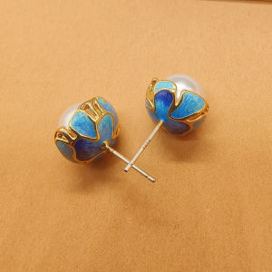 Exquisite Blue Pearl S925 Silver Needle Earrings Chinese Style Fashionable Drip Glaze Ear Jewelry Elegant Design