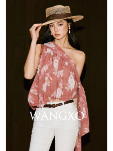 WANGXO | Áo Chiffon Cao Cấp Dây Nịt Vai Không Đều Dáng Xéo Có Nếp