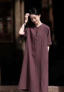 French Style  Silk Dress Womens Spring New Chinese Long Dress Color Block Button Stand Collar Robe Loose Waist Regular Sleeve