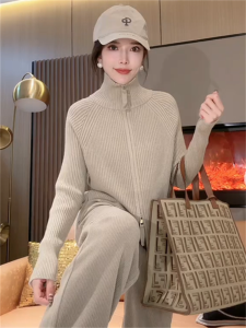 Loose Knitted High Collar Casual Style Womens Sweater Double Zipper Open Cardigan Slimming Design Lazy Style Long Sleeve