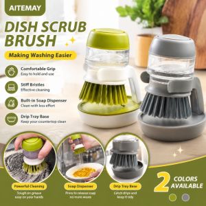 Aitemay Upgraded Detachable Anti‑Mold Soap Dispenser Pot Brush Press‑to‑Dispense Kitchen Dish Brush Removable Bristle Head Non‑Stick Pan Cleaning Brush with Drain Base