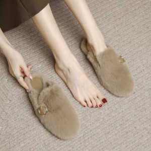 Womens Fur Slippers Soft Bottom Slip-On Head Cover Shoes Anti-Slip Warmth Pregnant Women Can Wear Autumn Winter Outdoor