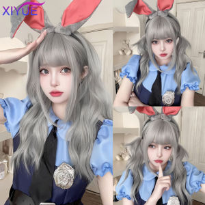 Synthetic Long Wavy Curly Omber Gray White Hair Highlights Synthetic Blend Wigs With Fluffy Bangs For Womens Daily Wear Wigs