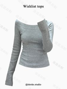 Escape Homemade Gray Diagonal Shoulder Long Sleeves T-Shirt Female Fall and Winter New Design Sense Asymmetrical Slit Underwear Blouse Tops