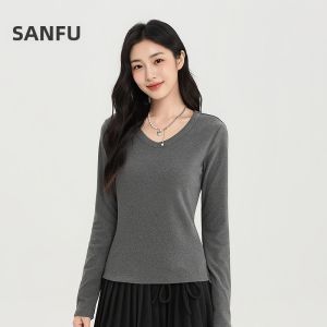 SANFU | New Winter Elegant V-Neck Tapered Hem Fashionable Thick Long Sleeve Tee