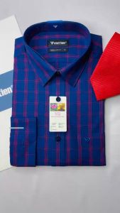 Áo sơ mi dài tay Việt Tiến màu xanh kẻ chỉ đỏ 1R6787 - Regularfit vạt bầu