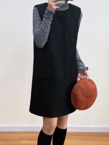 French Elegant Woolen Vest Dress Women Autumn Winter Vintage Loose Sleeveless Layering Short A-Line Skirt Style Dresses