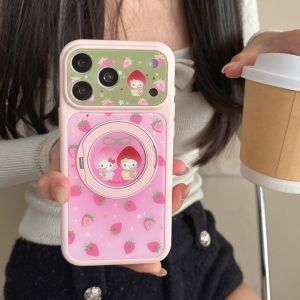 Sanrio | Korea Star Strawberry Hello Kitty Magnetic Bracket Case For iphone 17 16 15 Pro Max 17Pro Lens Protective Shockproof Phone Cover