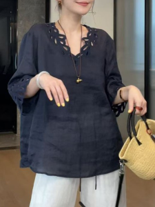 Shalldoer | Áo sơ mi nữ tay lửng kiểu Pháp rộng rãi dáng rộng họa tiết hoa rỗng mùa hè 2025 chất liệu cotton pha trộn dáng ôm vừa vặn