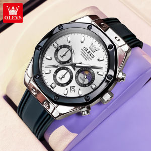 OLEVS นาฬิกาสำหรับกันน้ำผู้ชายต้นฉบับแฟชั่นใหม่ทันสมัยเพชรโครโนกราฟมัลติฟังก์ชั่นสายสปอร์ตซิลิโคนปฏิทินลำลองเรืองแสง