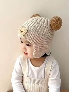 Baby Wool Hat Cute Bear Ear Protection Hat Children Winter Thickened Warm Knitted Korean Version