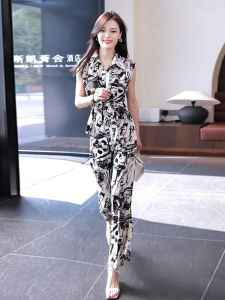 Fashionable High Waist Wide Leg Pants Set Womens Professional Summer Outfit Elegant Youthful Two Piece Set for 25-35 Years Old
