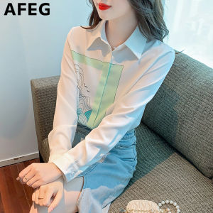 AFEG new Korean style shirt collar fashion loose all-match temperament printed chiffon long-sleeved blouse for women