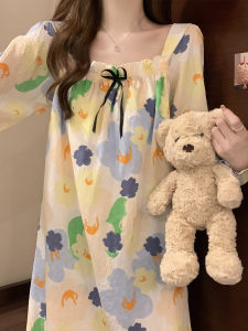 ชุดนอนผู้หญิงแขนยาวผ้าฝ้ายแท้ ฤดูใบไม้ผลิและฤดูใบไม้ร่วง พร้อมแผ่นเสริมหน้าอก ชุดนอนผ้าฝ้ายป้องกันจุดกระชับหน้าอกสำหรับนักเรียน