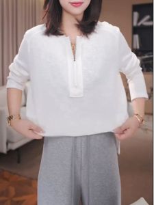 White Half Zipper Base Layer Top Spring New plus Size Loose Design Long Sleeve T-Shirt Commute Korean Style Solid Color