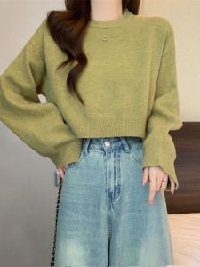 Womens Short round Neck Knitted Sweater Spring Autumn 2025 New Loose Slimming Outerwear Inner Match Long Sleeve Thermal Top