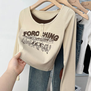 American Retro Long Sleeves T-Shirt Womens Autumn Stylish Fake Two-Piece Contrast Color Slim Fit Print Short Bottoming Shirt Tops