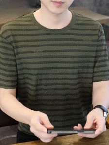 HENGYUANXIANG | Hengyuanxiang Mens Stripe Short Sleeve T-Shirt Casual Loose Fit Summer New Style Five-Armor Upper Apparel Cotton Nylon Blend