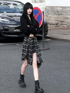 Loose Black Plaid Pleated Midi Skirt Womens High Waist Korean Style Commute Summer New Arrival Street Style Slimming Skirt