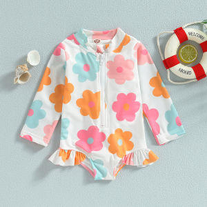 【COD&Local ship】Baby Girl Swimsuits Newborn Girl Swimwear Beachwear Summer Long Sleeve Bodysuit