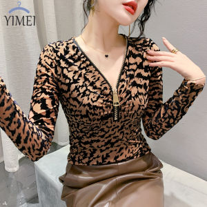 YIMEI Winter New Vintage Leopard Print T-shirt Design Sense Zipper V-neck Long Sleeve Top Slim Fit and Versatile Plus Size Underlay Shirt