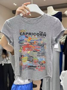 SUSHOUWANGE | Womens Colorful Letter Print Gray Slim-Fit Regular Short Sleeve T-Shirt