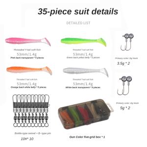 75/35pcs/Set Lure Boxed Soft Bait Perch Warbler Fish Worms Lure Threaded Curly Tail Maggot Bionic Bait Fake Baits jig Head Hooks