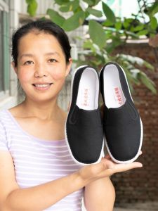 Handmade Beijing Cloth Shoes Mens Slip-On Thick Bottom Breathable Anti-Odor Summer Casual Shoes Cotton Fabric Leather Sole