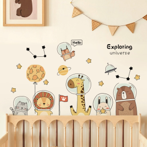Decal giấy dán tường Động vật phi hành gia khám phá vũ trụ có keo sẵn - Trang trí phòng ngủ phòng giải trí