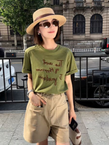 Áo Thun Tay Ngắn Màu Xanh Quân Đội Phong Cách Mỹ Dành Cho Nữ Mùa Hè Mới Thon Gọn Vai Áo Thun Cotton Thường Ngày in Chữ