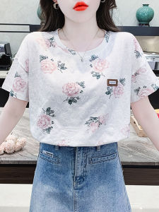เสื้อยืดแขนสั้นผู้หญิงฤดูร้อน ผ้าฝ้ายแท้พิมพ์ลายดอกกุหลาบ สีขาว ทรงหลวม ทรงเข้ารูป เสื้อชั้นใน เสื้อผ้าทำงาน สไตล์เกาหลี