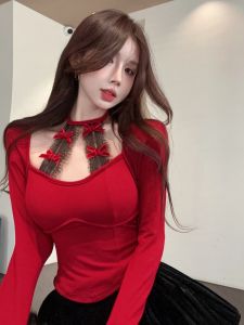 GUZILIAN | Elegant Lace Neck Long Sleeve Base Shirt T-Shirt Womens Autumn Winter Slim Waist Short Style Korean Commute Style Top