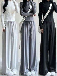 กางเกงขายาวทรงหลวมเอวสูงผ้าไหมน้ำแข็งสำหรับผู้หญิงในช่วงฤดูร้อน กางเกงขายาวทรงหลวมสำหรับออกกำลังกายแบบแห้งเร็ว โพลีเอสเตอร์ 100%